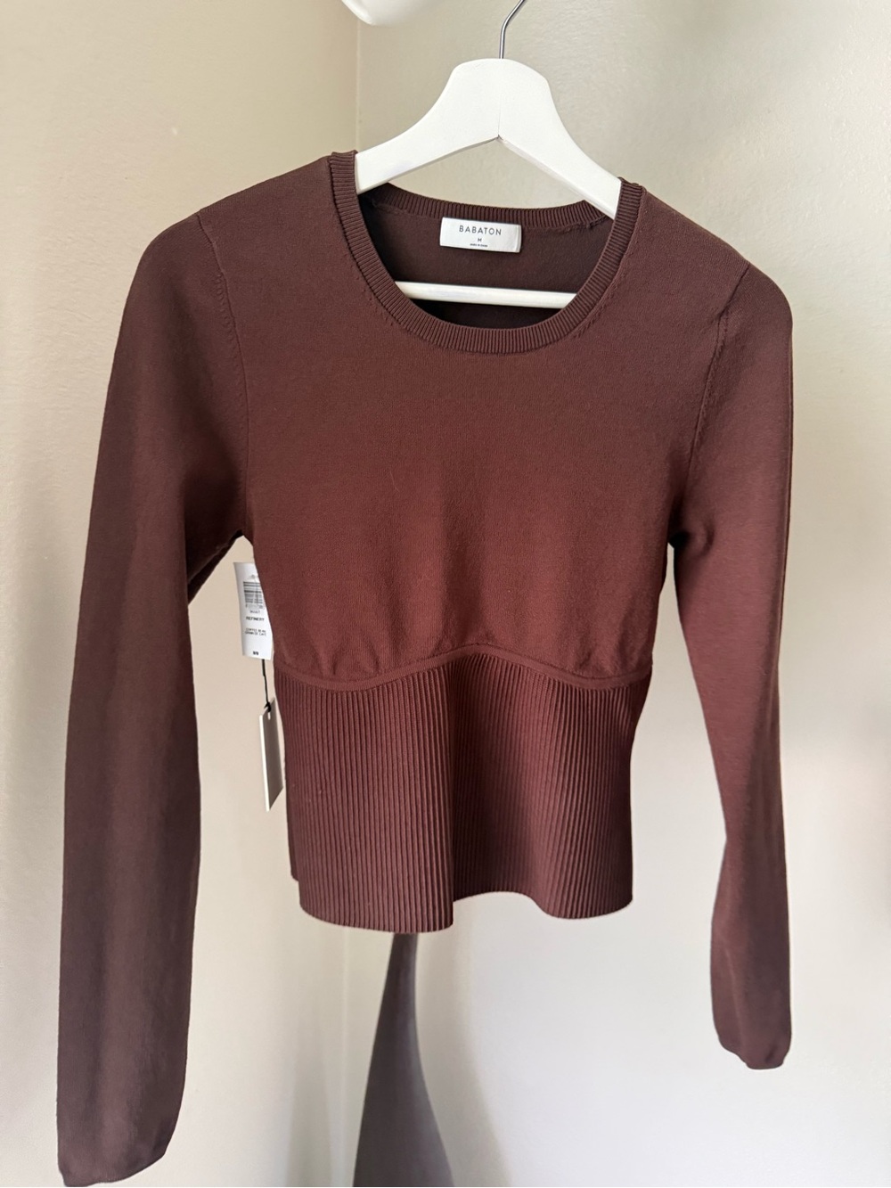 Aritzia Babaton Chocolate Brown Ribbed-Waist Long Sleeve Top